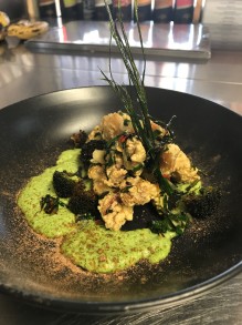 Crispy cuttlefish tossed with chilies and coriander on a creamy broccoli puree finished with fried broccoli, shallots and nori dust